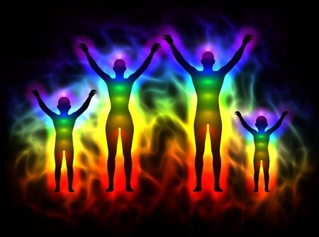37151780 - rainbow silhouette with aura and chakras - family