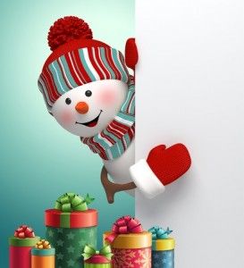33674119 - muñeco de nieve feliz mirando por la esquina, pila de cajas de regalo, ilustración 3d, fondo de vacaciones de Navidad de invierno