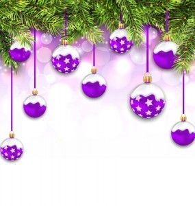 65942284 - illustration shimmering snowing background with fir branches and purple christmas balls - vector